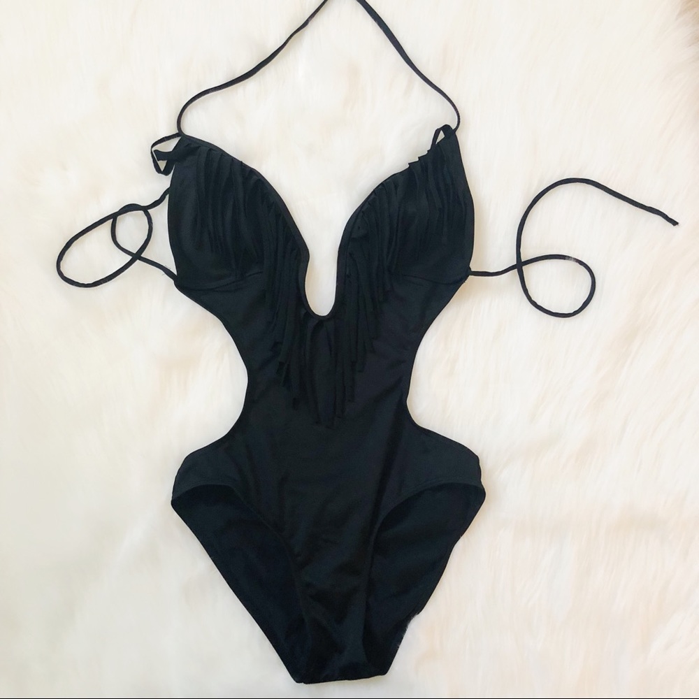 ❌ SOLD — Black Fringe Monokini with Deep V